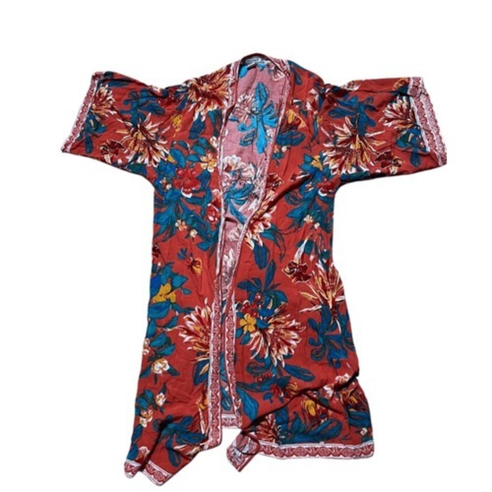 Flying Tomato Orange Floral Rayon Cover-Up Kimono Duster Size S
